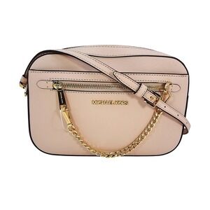 Michael Kors Jet Set Saffiano Leather Crossbody Bag Pale Pink Gold Chain Accent